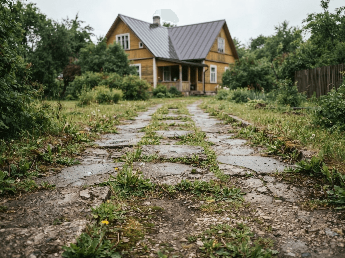 Kulunud, praolise pinnaga sissesõidutee enne paigaldust
