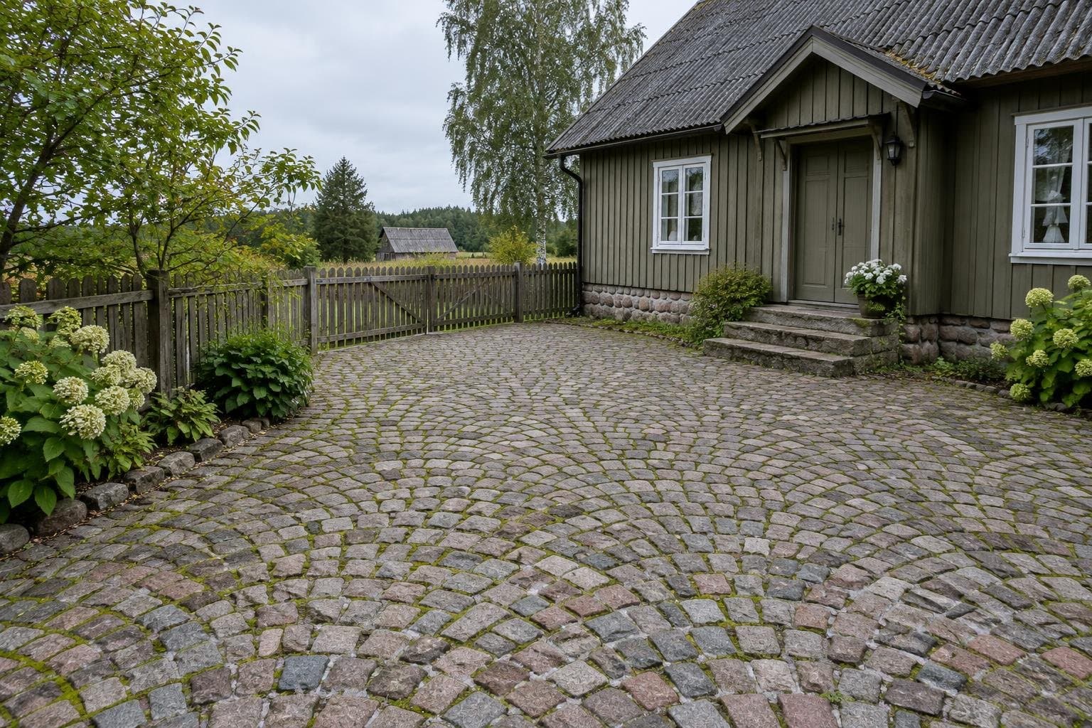 Munakivisillutisega maamaja hoov